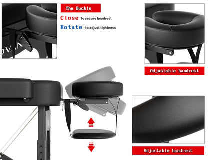 DOVANS Professional Massage Table Portable 2 Fold Premium Elastic Foam Wooden Leg Hold Up to 1100LBS 10 Heights Adjustable with Carrying Bag All Black