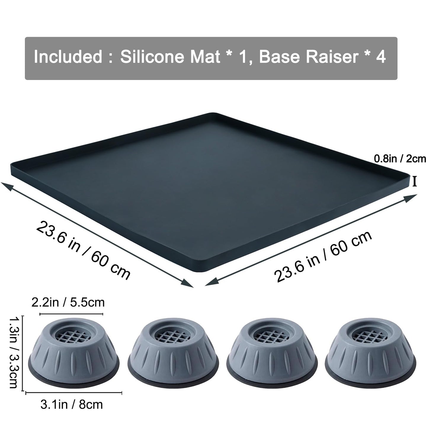Mini Fridge Silicone Mat with 4 Base Raisers, 23.6"x23.6" Under Refrigerator Drip Pan Floor Protector - 0.8" Raised Edge Prevents Water Leaks & Floor Damage for Fridge, Washer, Dryer, Wine Cooler
