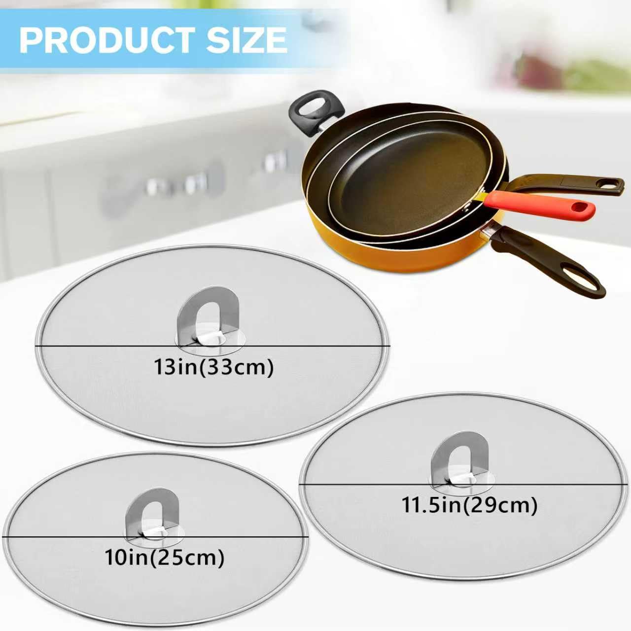 PLACHIDAY Splatter Screen for Cooking - Stainless Steel Grease Splatter Guard for Frying Pan with Foldable Knob, As a Strainer Set of 3(10", 11.5", 13"), Dishwasher Safe