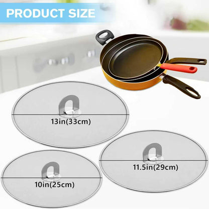 PLACHIDAY Splatter Screen for Cooking - Stainless Steel Grease Splatter Guard for Frying Pan with Foldable Knob, As a Strainer Set of 3(10", 11.5", 13"), Dishwasher Safe