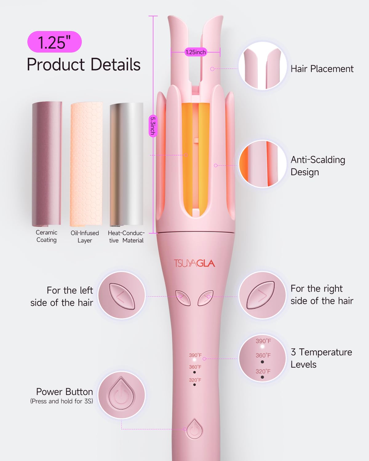 Automatic Curling Iron,1 1/4 Hair Curler with 3 Temperatures, 10S Fast Heating, 2-Way Rotation, 30 Min Auto Shut-Off, 500 Million Ionic, Anti-Scald-Tangle for Long Hair