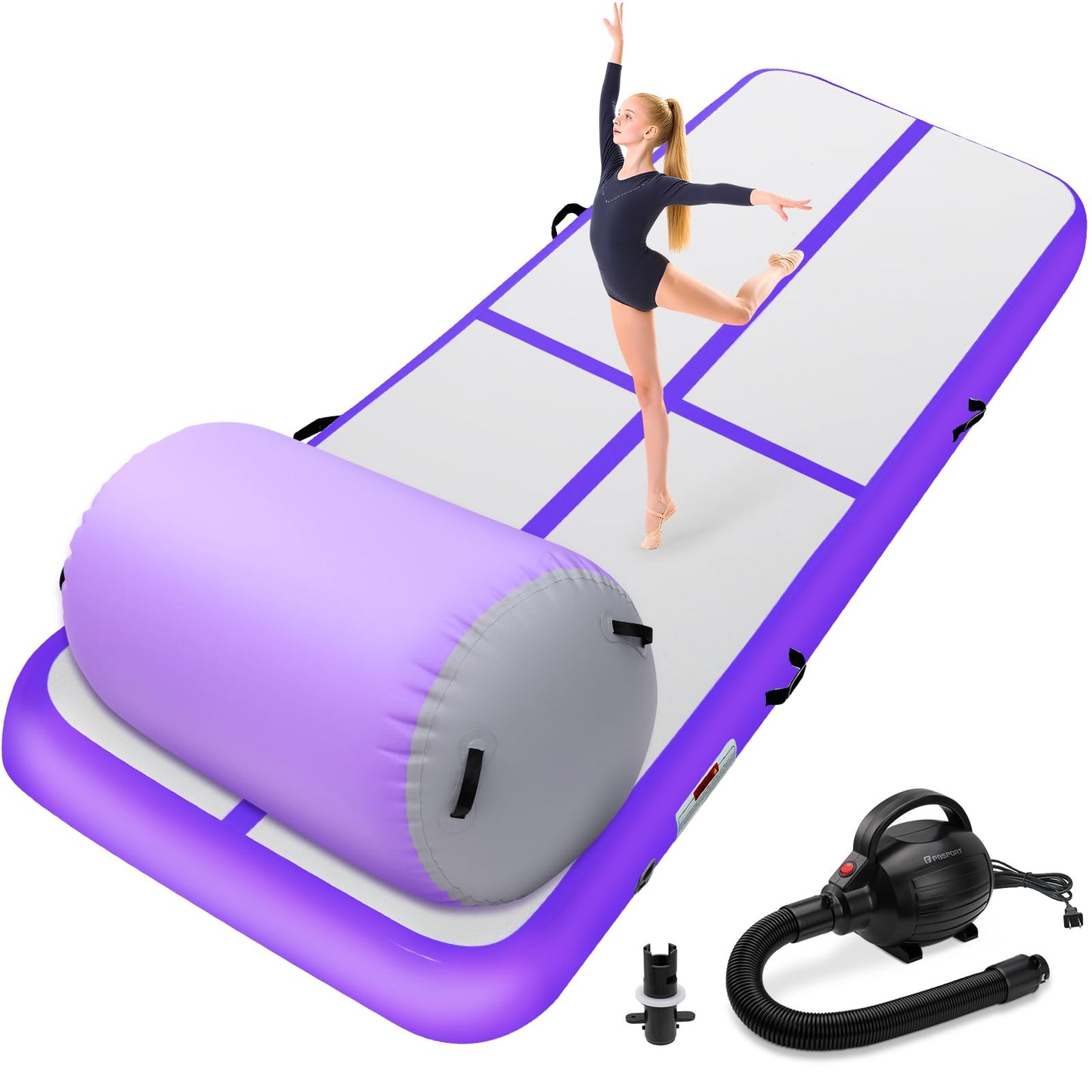 KIKILIVE Inflatable Gymnastics Tumble Mat 13ft and Air Roller 40x23inch Purple Gray, Air Mat Track 4 inches Thickness and Air Roller Gymnastics Barrel with Electric Air Pump for Home Use Outdoor Training Cheerleading Beach Park