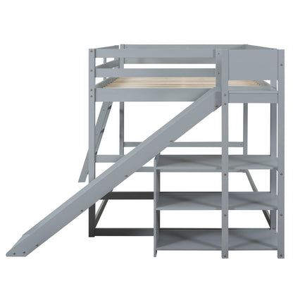 Merax Modern Full Over Full Wood Bunk Bed with Ladders and Slide, Floor Bunk Bed Frame with Storage Shelves, No Box Spring Needed, Space-Saving Grey