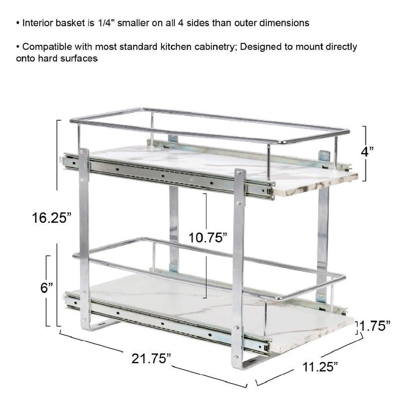 Household Essentials Glidez Chrome-Plated Steel and Faux Marble 2-Tier Pull-Out/Slide-Out Storage Organizer, 11.25" Wide, White and Chrome