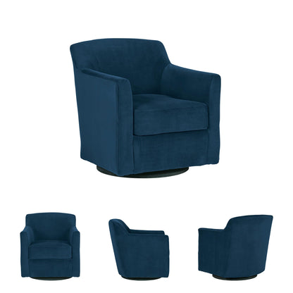 Signature Design by Ashley Bradney Swivel Chair with Blue Velvet Upholstery, Contemporary Shelter‑Arm Seating with Reversible Cushion and Wood Base for Living Room or Bedroom