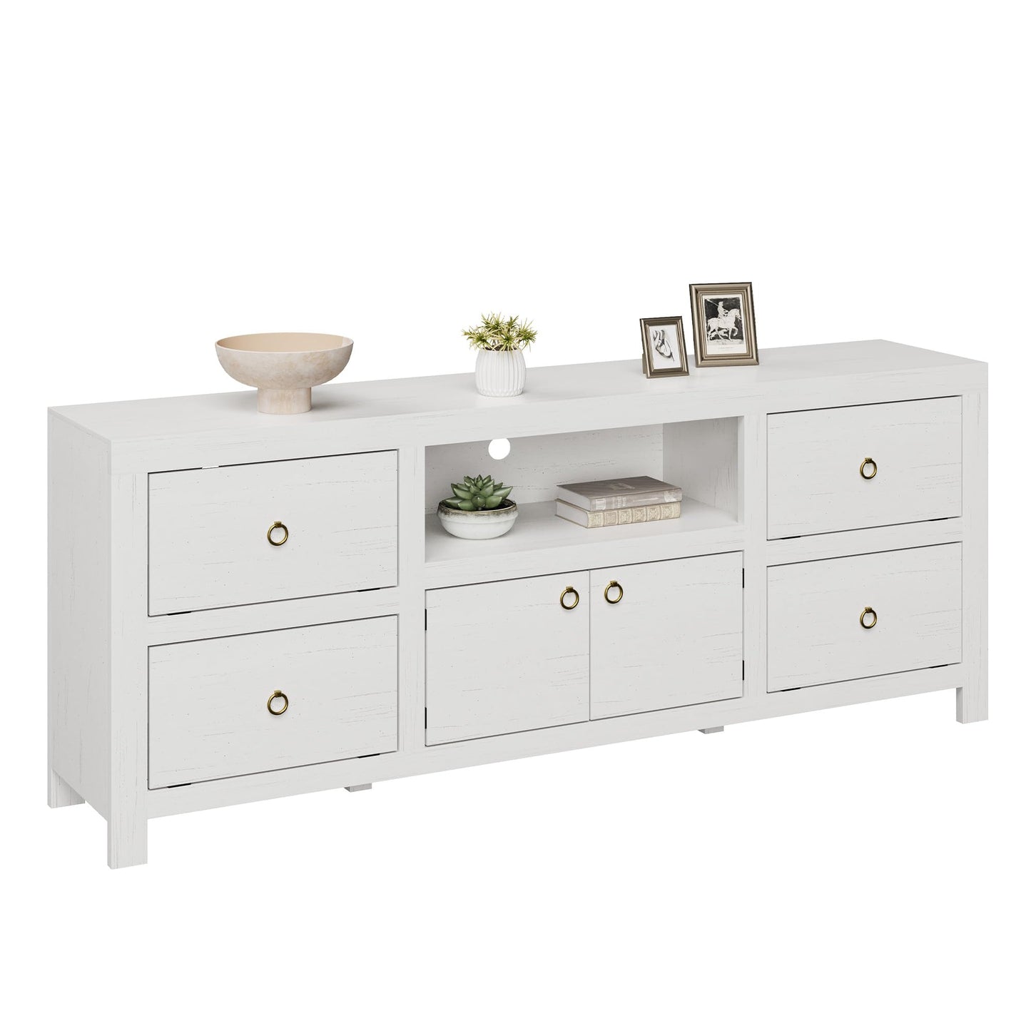 Farmhouse TV Stand for 75/80 Inch TVs, 70" Long Entertainment Center with 6 Storage Drawers & Soundbar Shelf, White Television Consoles Stands for Living Room, Bedroom