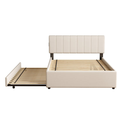 FAVSH Full Size Upholstered Platform Bed with Trundle and 1 Sets of USB, Chenille Fabric Solid Wood Bedframe w/Wood Slats & LED Lights with APP for Bedroom,Beige