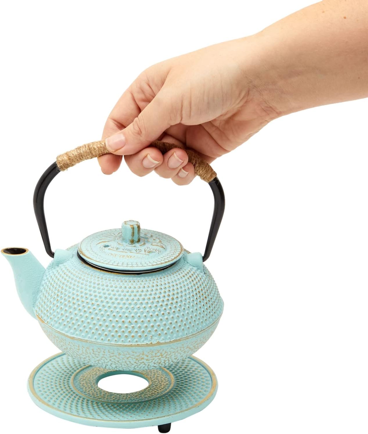18 oz/500 ml, 3-Piece Set Set Juvale Cast Iron Tea Kettle with Infuser - Green, - Teapot for Brewing Loose Leaf Tea