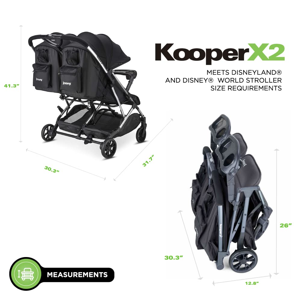 Joovy Kooper X2 Side-by-Side Double Stroller Featuring Dual Snack Trays, One-Handed Fold, Multi-Position Reclining Seats, Adjustable Leg Rests, and 2 Zippered Pockets for Storage, Forged Iron