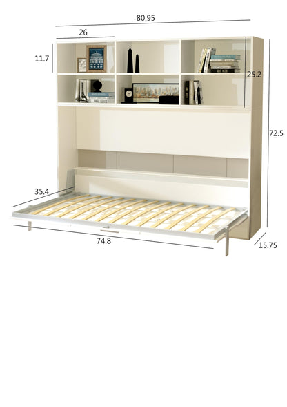 Ball & Cast Horizontal Murphy Bed Twin Size with Shelf Storage,Mordern Design Hideaway Cabinet Wall Bed w Gas Struts,Wood Folding Space-Saving Furniture for Bedroom,Student Dorms,White