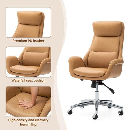Glitzhome Modern Executive Office Chair, High Back PU Leather Ergonomic Computer Desk Chair, Adjustable Height Swivel Office Task Chair with Lumbar Back Support (Camel)