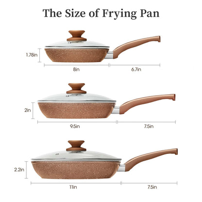 Healthy Nonstick Granite Cookware Set - 3 Pcs, Induction Skillets With Lids, PFOA Free, No Toxic Egg Omelette Frying Pan