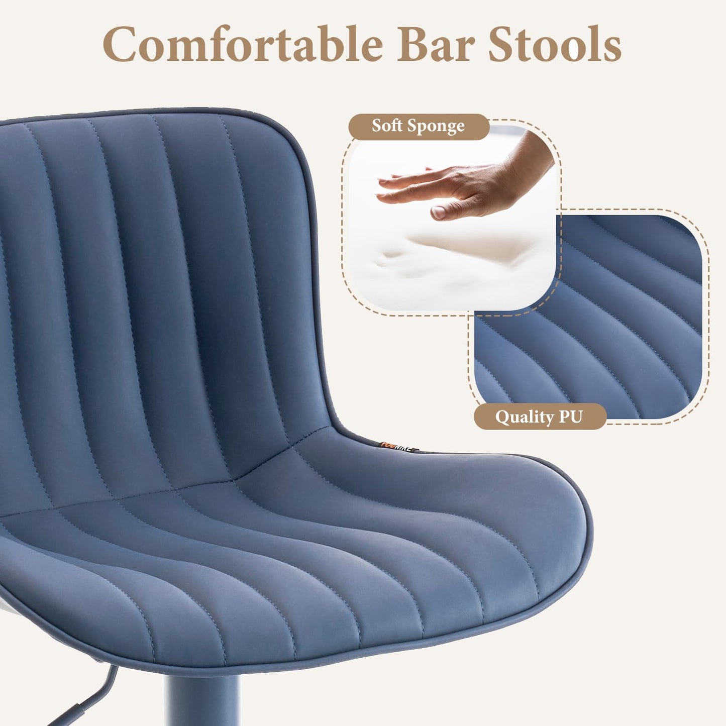 YOUNUOKE Bar Stools Set of 2, Counter Height Barstools for Kitchen Island, Modern Adjustable Swivel Blue Bar Chairs with Blue Legs