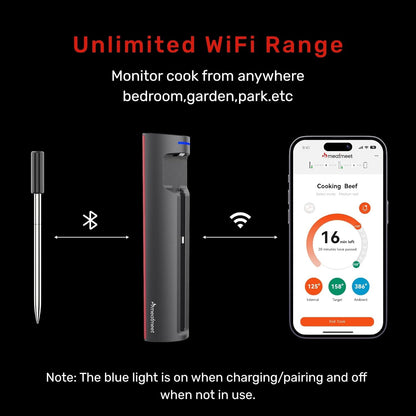 Meatmeet WiFi Wireless Meat Thermometer Digital, Bluetooth Meat Thermometer Wireless, Smart App Monitoring, IP67 Waterproof Meat Probe Thermometer for BBQ, Oven, Grill, Smoker (Pro)