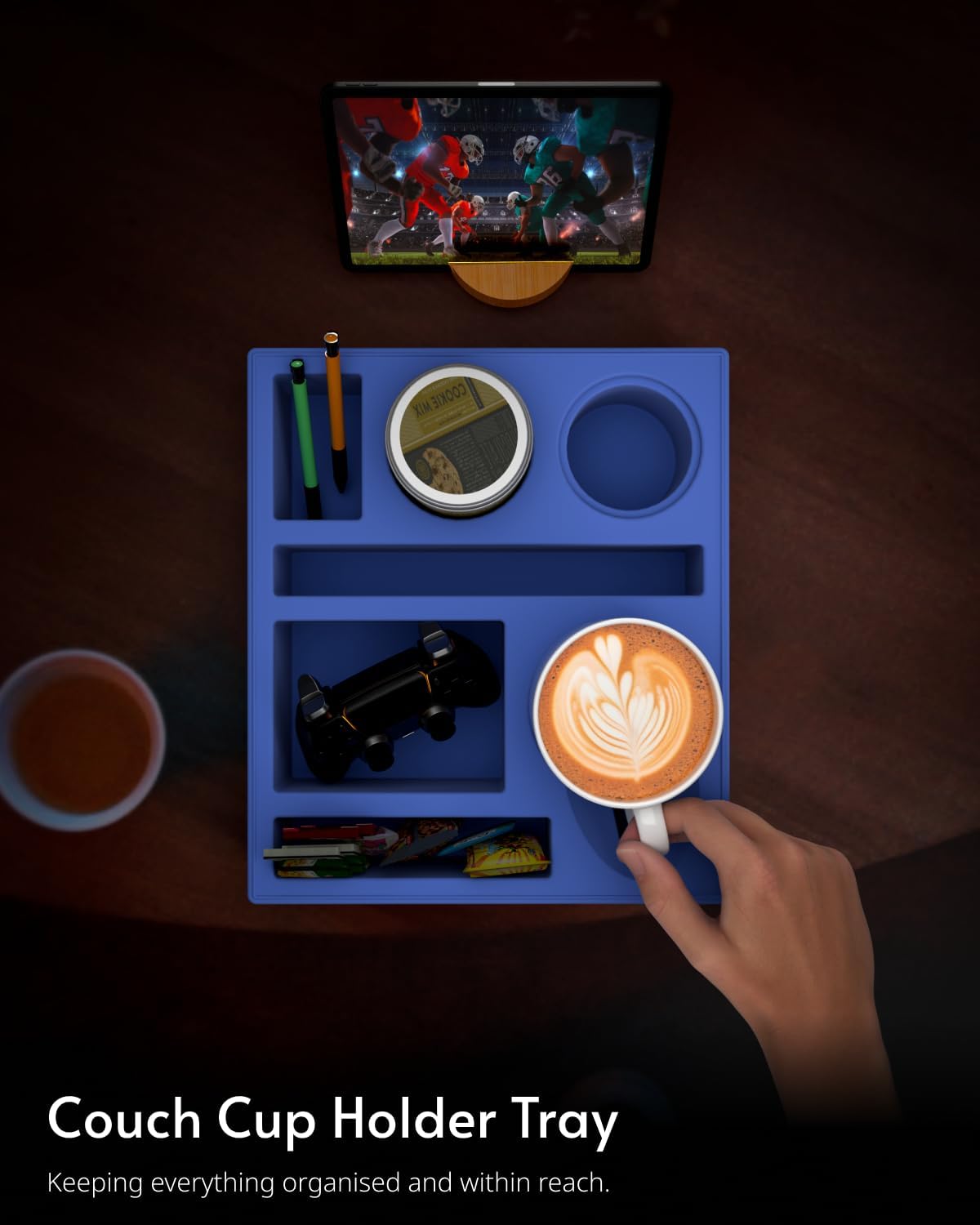 Couch Cup Holder Tray - Silicone Beach Caddy with Cup Holder, Sofa and Bed Drink Holder, Blue