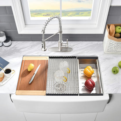 33 Inch White Farmhouse Sink Workstation-VASOYO 33 x 21 Apron Front Farm Sink White Fireclay Farmhouse Kitchen Sinks Workstation Single Bowl Deep Kitchen Sinks Undermount with Cutting Board