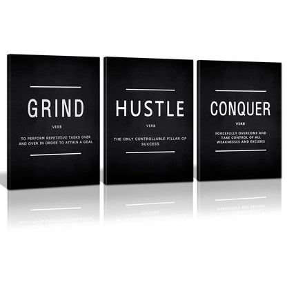 KAWAHONE Canvas Painting Wall Art, Grind Hustle Execution Motivational Wall Art Decoration Posters Prints for Living Room Bedroom, Office Decor, Gallery-Wrapped Canvas Art Set Framed Ready to Hang