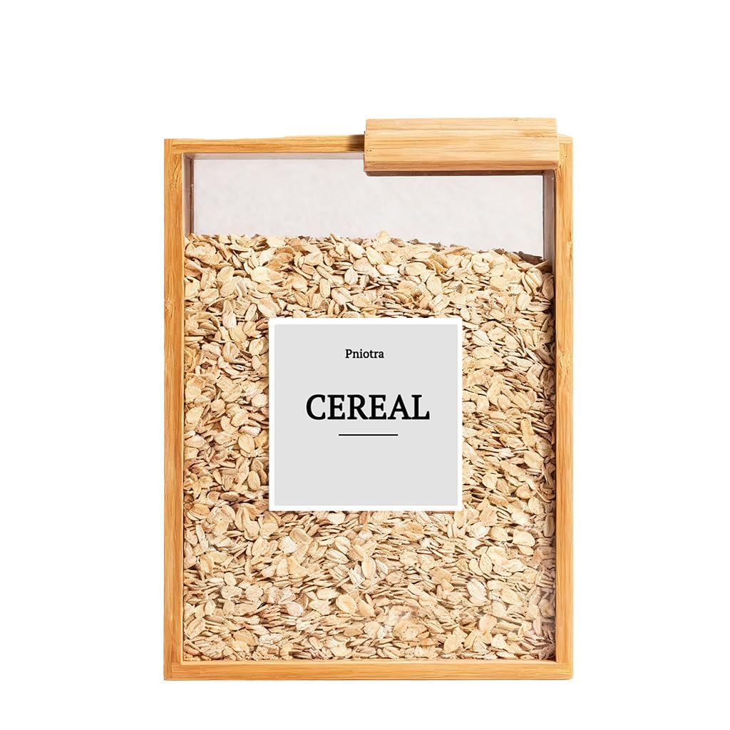 Pniotra Cereal Containers Storage Dispenser for Panty, Kitchen Organization Bamboo Food Storage Container with Lables for Rice, Snack, Tea, Dry Food, Pasta (1 Pack)