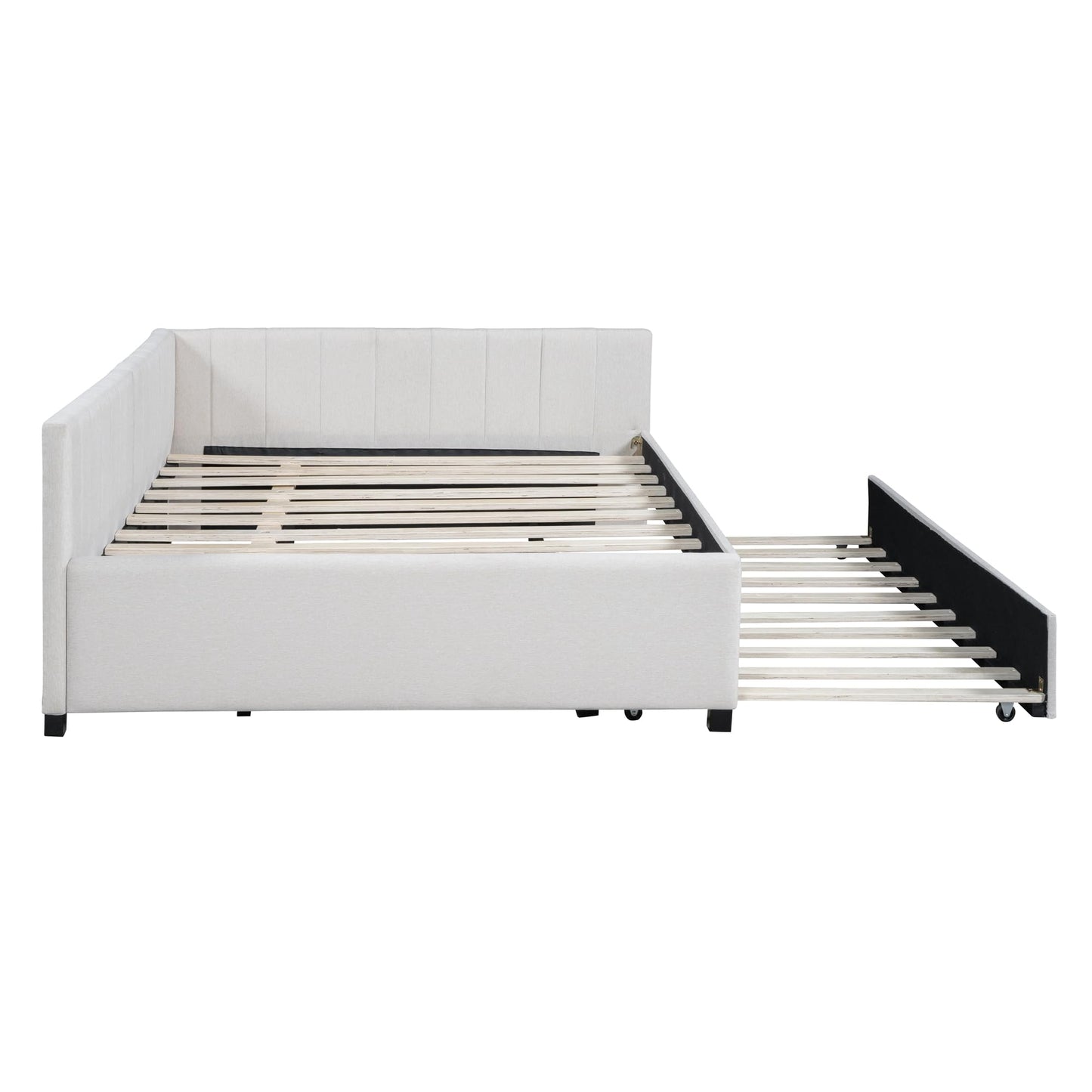 PVWIIK Full Size Upholstered DayBed with Trundle & Modern Style for Adult,Kids,Bedroom,L-Shaped Bedframe,Beige