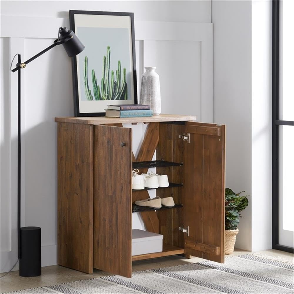 Bethel Acacia Wood Shoe Cubbie Cabinet, 31 in. W Entryway Storage Organizer with 3 Adjustable Metal Wire Shelves, Two Door Design with Open Back X Pattern, Ideal for Mudroom, Kitchen, Hallway