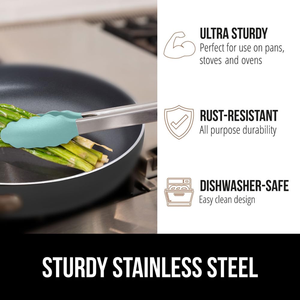 GORILLA GRIP Stainless Steel Heat Resistant Kitchen Tongs for Cooking, 9 + 12 Inch, Set of 2 BBQ Tong, Non Scratch Silicone Tip for Pan, Strong Grip, Grab Food, Toss Salad, Air Fryer, Pull Lock, Black