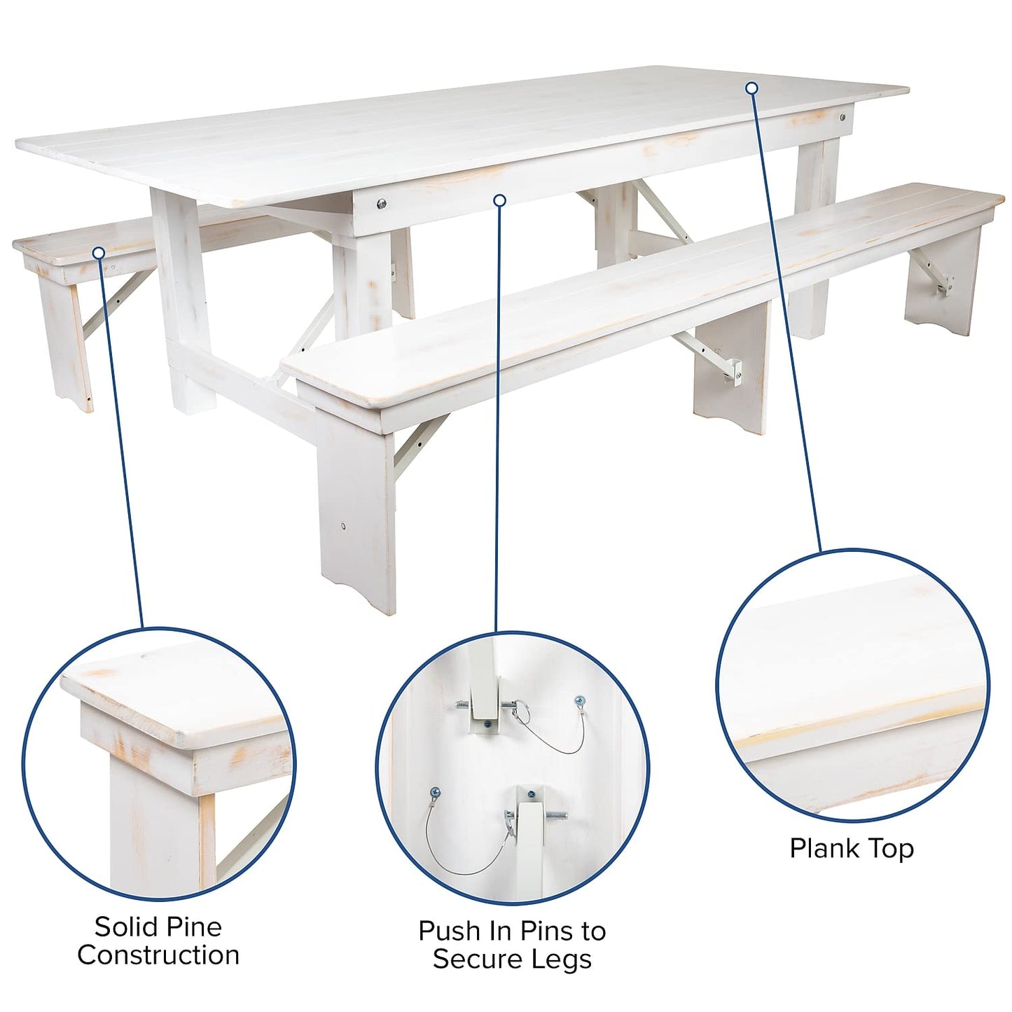 Flash Furniture HERCULES Series 9' x 40" Antique Rustic White Folding Farm Table and Two Bench Set