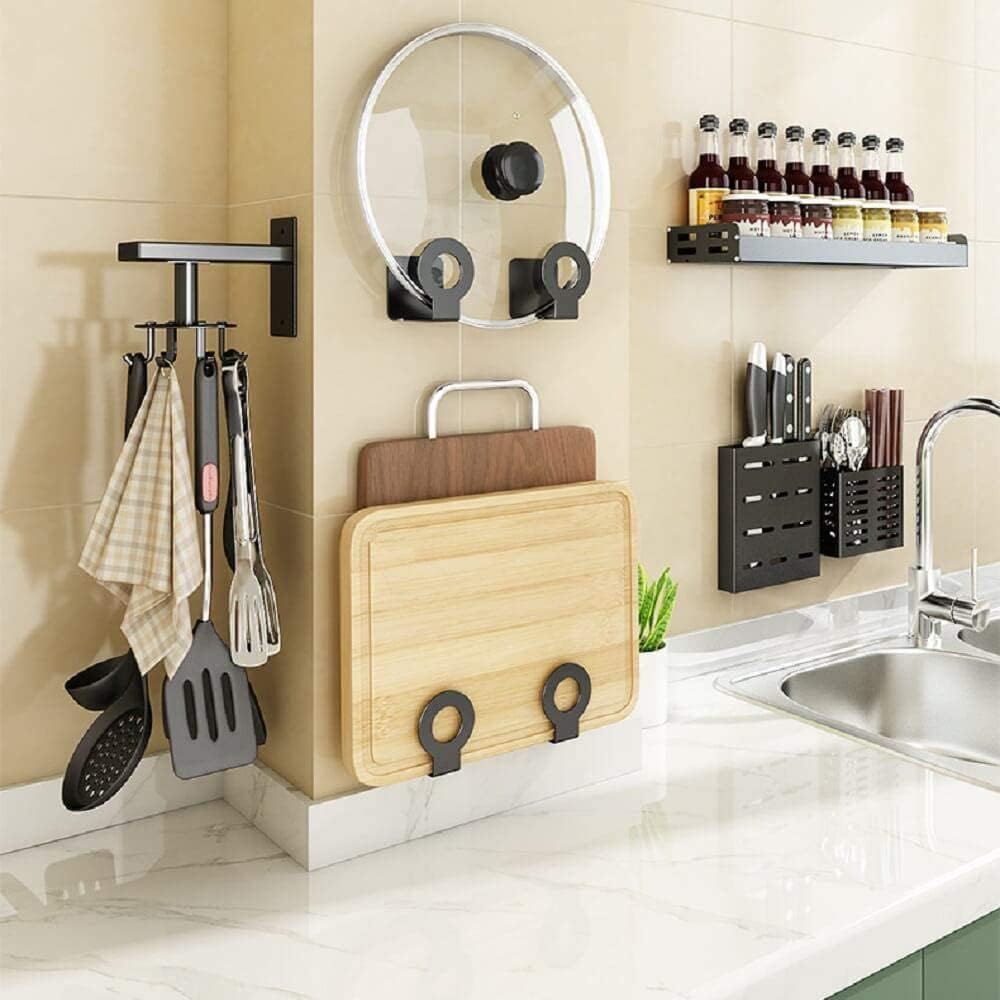 Kitchen Cooking Tool Utensil Holder, iNenya Black Rotating Spatula Holder with 6 Hooks for Hanging