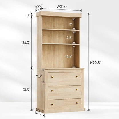 ivaniti 71" Tall Modular Farmhouse Bookcase with Drawers, Brown Wooden Storage Cabinet, Expandable Bookshelf with Adjustable Shelves for Home Office or Study Room