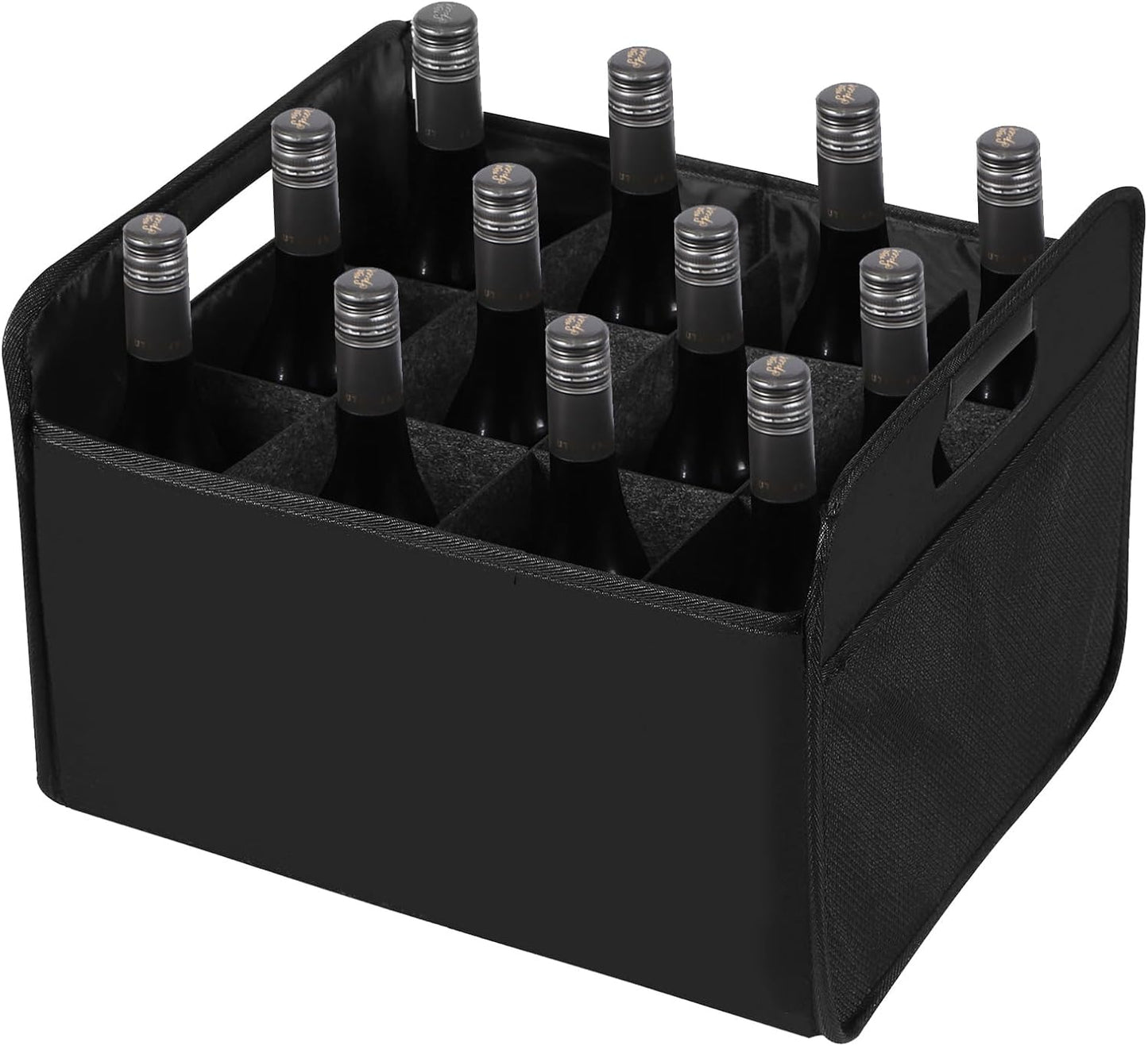 12 Bottle Wine Carrier - Collapsible Premium Felt Tote with Handles for Travel, Party, Picnic, Black