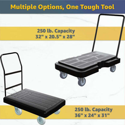 36" x 24" Platform Truck - Heavy-Duty Plastic Cart with Ergonomic Handle, 250 lb. Capacity, 6" Non-Marking Casters with Brakes - Durable Dolly for Warehouse, Office, or School Use