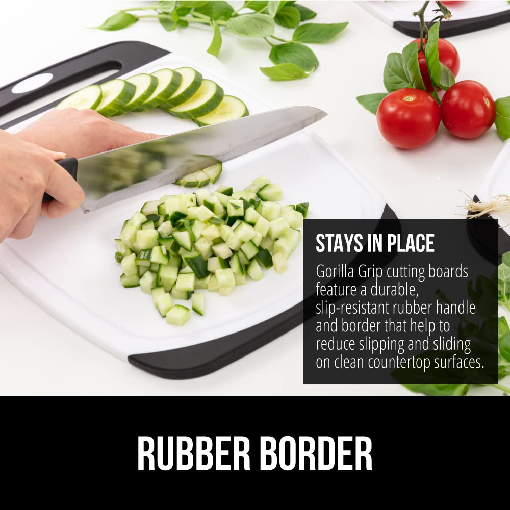 GORILLA GRIP BPA-Free Reversible Kitchen Cutting Board Set of 3, US Designed, Nonporous, Juice Grooves Catch Liquid, Slip Resistant Border, Dishwasher Safe, Durable Large Food Chopping Boards, Black
