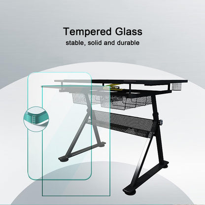YDBMY Height Adjustable Drafting Table, Drawing Desk, Glass Art Desk, with Storage, for Home, School, Office, Working Station(Color:Natural)