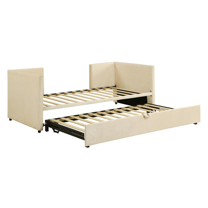 Merax Twin Size Upholstered Daybed Sofa Bed Frame with Extendable Trundle,Backrest and Two Armrests,for Bedroom,Beige Yellow