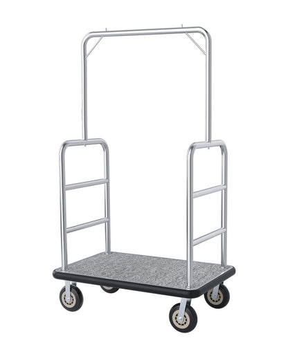 Hotel Luggage Cart, 1300LBS Load Capacity Bellman's Cart with 8" Wheels, Brushed Stainless Steel Commercial Grade Hotel Luggage Trolley with Grey Carpeted Deck for Hotels (42''L x 26''W x 70''H)