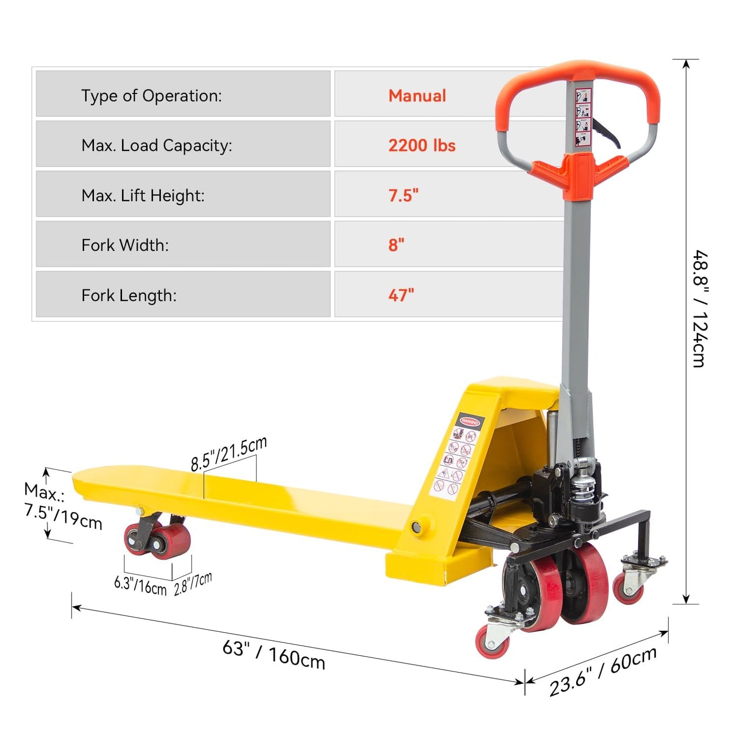 Single Manual Pallet Jack 2200 LBS Capacity Heavy Duty Hand Pallet Truck, Fork Size Nylon Wheels Industrial Hand Pallet Jack, Perfect for Warehouse Factory Garage and Material Handling Equipment