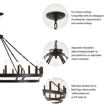 JKLX 53 inch Large Black Wagon Wheel Chandelier,Farmhouse Industrial Country Style Round Pendant Light Fixture,Round Ceiling Light fixtures for Outdoor Porch high Ceilings Living Foyer Entryway