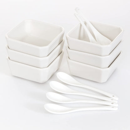 FAMHH 6 Oz White Porcelain Serving Bowls Set – 6 Small Bowls and 6 Serving Spoons – Sturdy, Oven- and Dishwasher-Safe Ceramic Condiment Cups for Sauces, Desserts and Appetizers