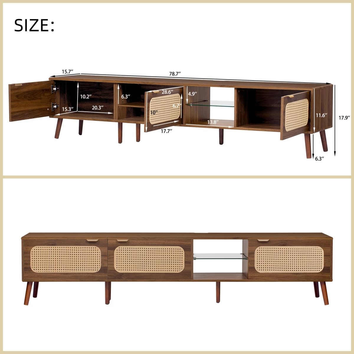 Merax 78 Inch TV Stand for Tvs up to 85", Mid Century Modern Entertainment Center with Storage, Solid Wood Media Console TV Cabinet Table with 3 Rattan-Front Drawer for Living Room