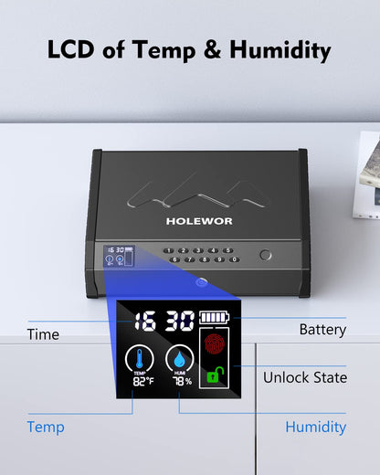 HOLEWOR Gun Safe, Biometric Gun Safes for Pistols with LCD Display of Temperature Humidity, Fingerprint Quick Access Pistol Safe Solid Handgun Safe with USB C Port
