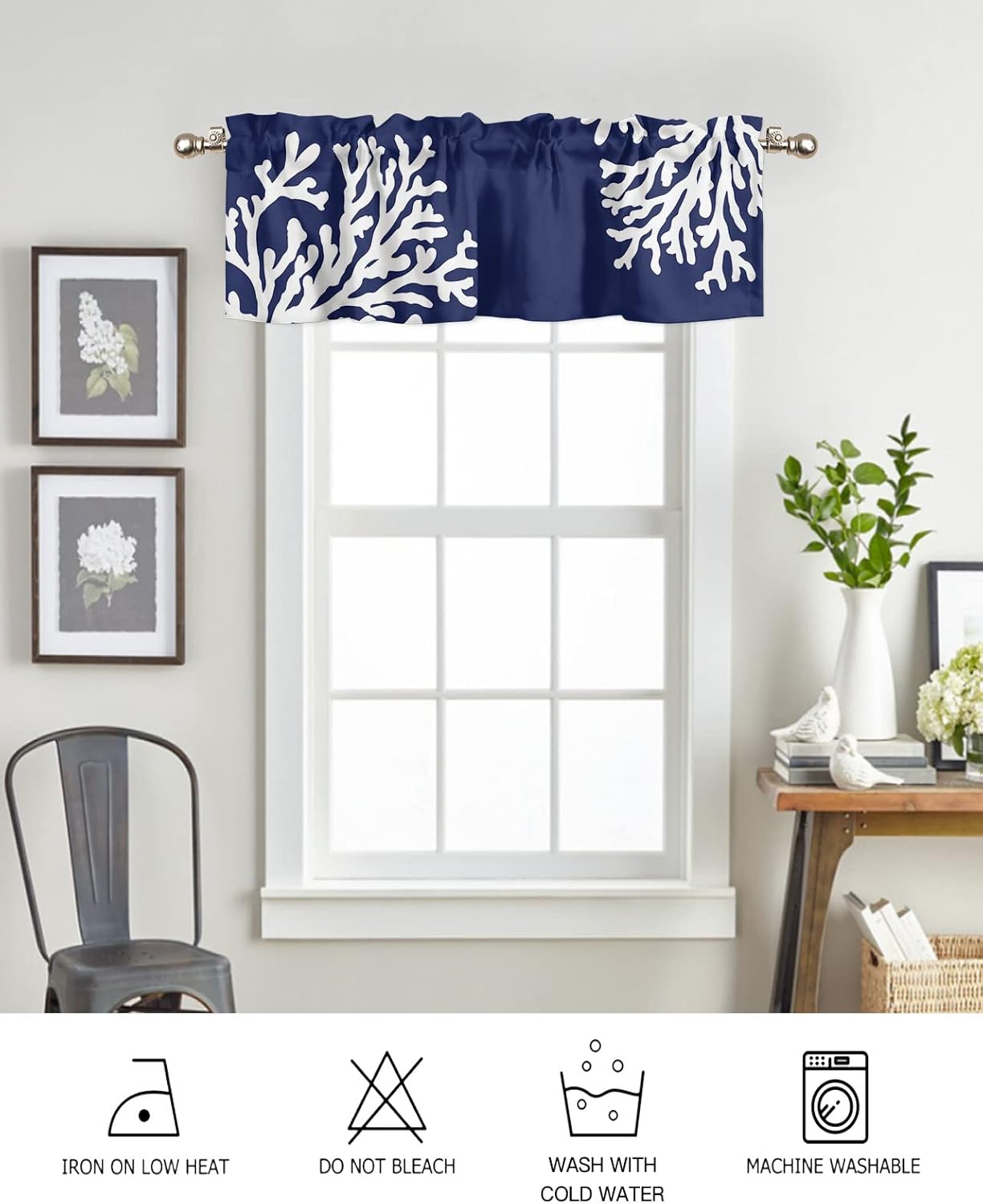 Navy Blue Coral Farmhouse Short Window Curtain Valances, 1 Panel Coastal Nautical Rod Pocket Kitchen Valances