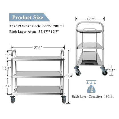 Shelf 3 Tier Stainless Steel Utility Cart, Kitchen Cart, Rolling Service Cart with Island, Storage Shelf for Catering with Locking Wheels Organizer Rack