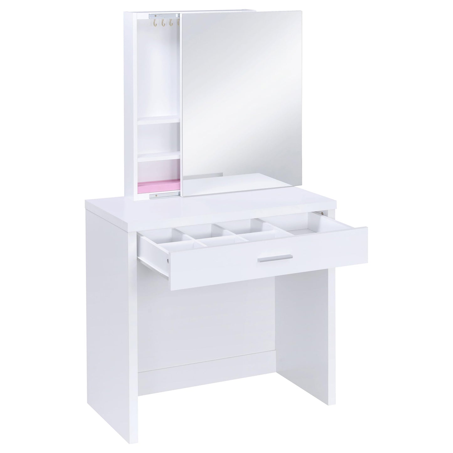 Coaster Home Furnishings Harvey Contemporary 3-Piece 1-Drawer Makeup Vanity Desk with Jewelry Storage Vanity Mirror and White Faux Leather Upholstered Storage Vanity Stool White 300290