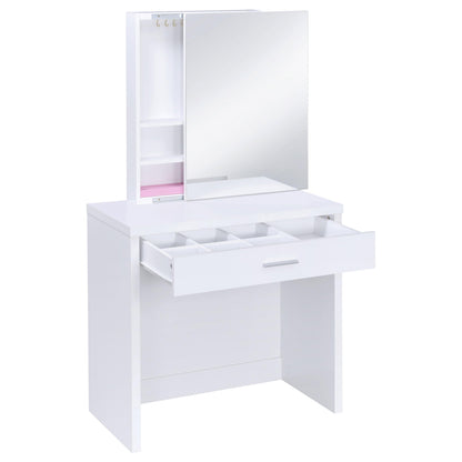 Coaster Home Furnishings Harvey Contemporary 3-Piece 1-Drawer Makeup Vanity Desk with Jewelry Storage Vanity Mirror and White Faux Leather Upholstered Storage Vanity Stool White 300290