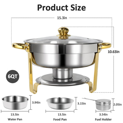PRlJESSE 6QT Chafing Dishes for Buffet Set, Gold Round Chafing Dish Buffet Set with Glass Lid, chafers and Buffet Warmers Sets, Serving Food Warmer for Parties, Buffet (8 Pack)