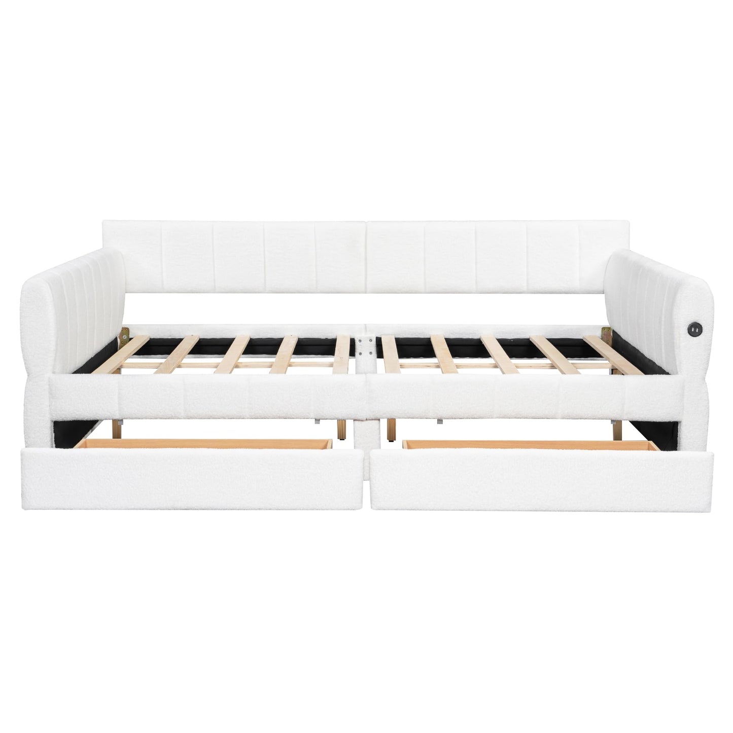 Ball & Cast Queen Size Daybed with Storage Drawers and USB Port,Upholstered Day Bed Frame with Channel Tufted Backrest and Armrest, Boucle Fabric,No Box Spring Needed,White