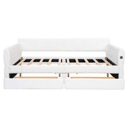 Ball & Cast Queen Size Daybed with Storage Drawers and USB Port,Upholstered Day Bed Frame with Channel Tufted Backrest and Armrest, Boucle Fabric,No Box Spring Needed,White