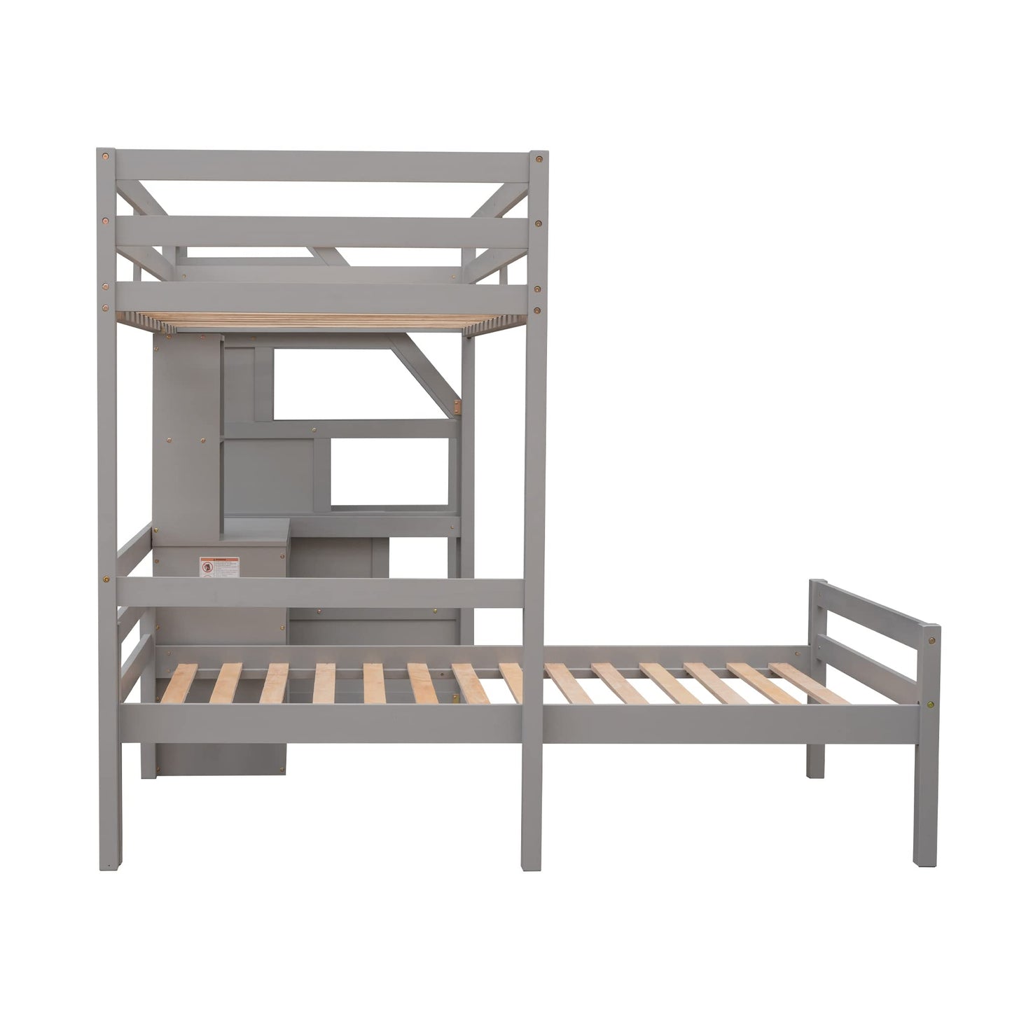Jintop Twin Size Solid Wood Loft Bed with Storage Staircase and Desk, Bedroom Multifunctional Separable Bed Frame w/Shelves & Drawers,No Box Spring Needed,for Adult Kid Boy Girl,Gray