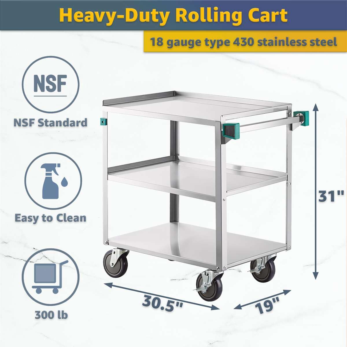 19" x 30.5" Commercial Stainless Steel Utility Cart NSF - Three Shelf Rolling Service Cart with Handle and 5" Casters - 300 lb Capacity, Rolling Cart for Warehouse and Restaurant