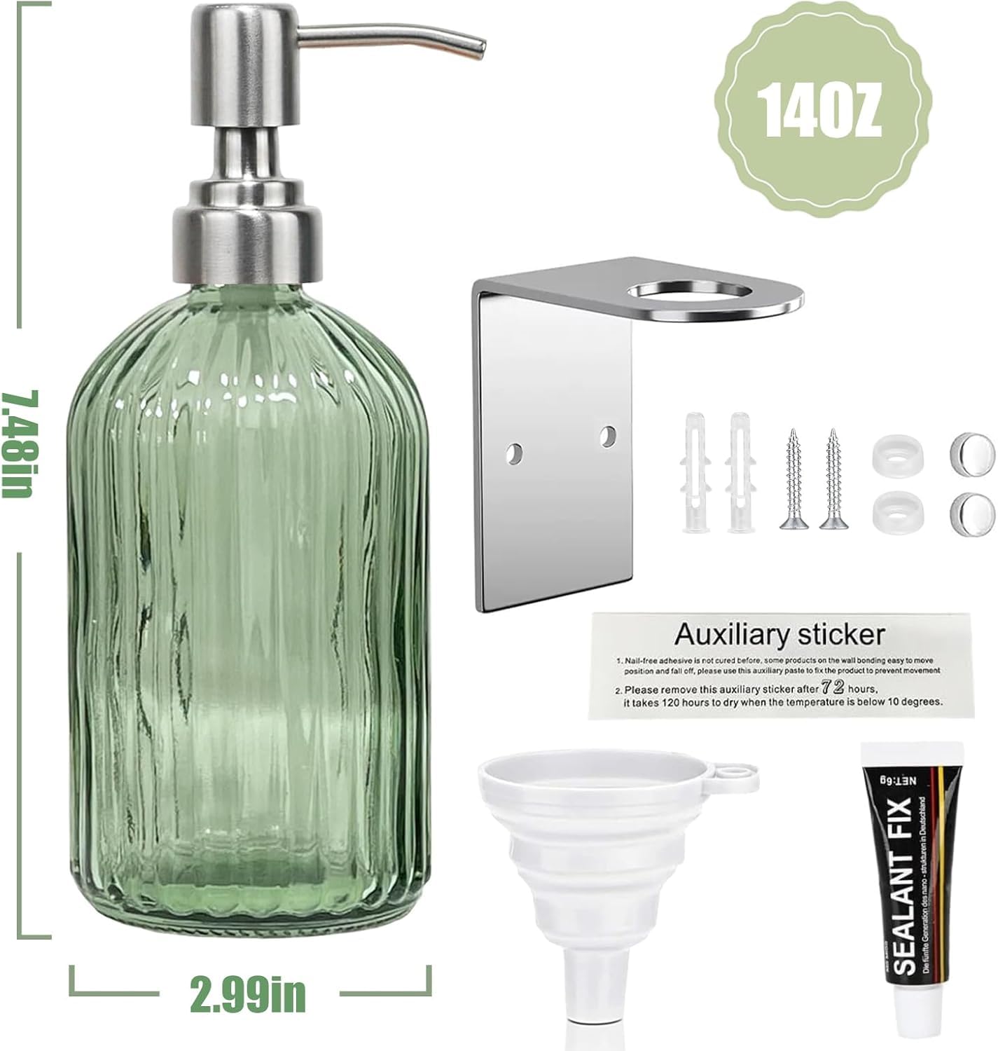 Green Shampoo and Conditioner Dispenser for Wall Mount, 14oz Clear Glass Shower Soap Bottle for Bathroom, Modern 1 Chamber No Drill, Easy Refill Hand Body Wash Dispensers with Stainless Steel Pump