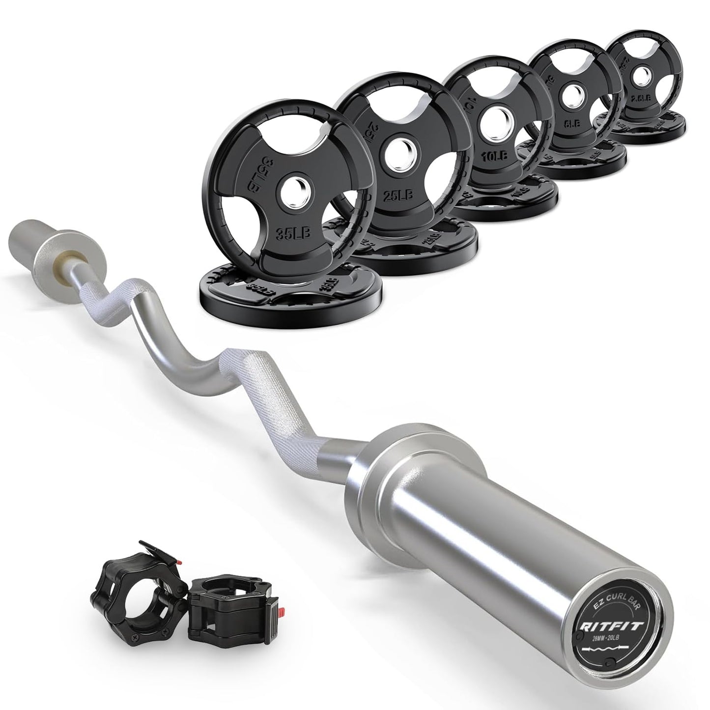 RitFit 2 Inch EZ Curl Bar with Weights, 350LBS Capacity Olympic Barbell for Bicep & Triceps, Home Gym Strength Training,with 155LBweights